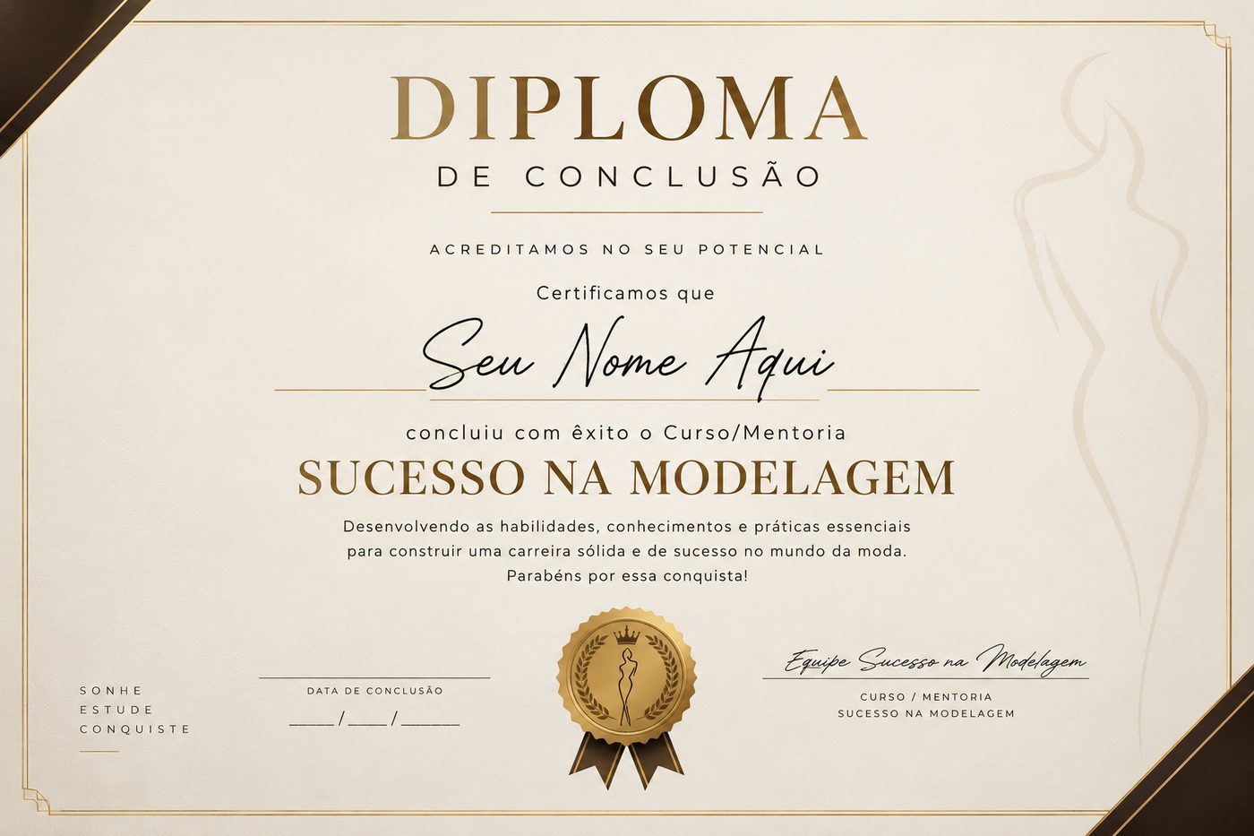 Modelo do diploma de conclusão do curso Sucesso na Modelagem
